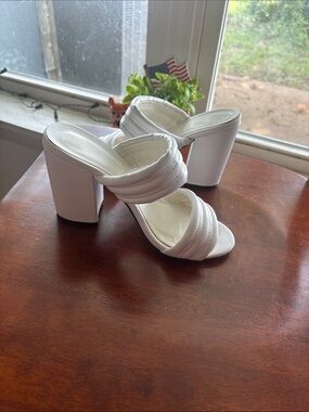 Qupid White Double-Strap Block Heel Slide Sandals